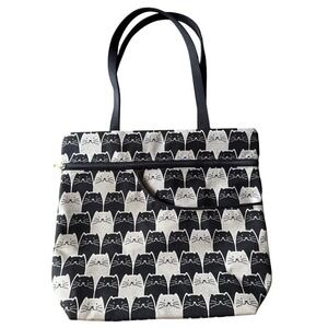 Danny K. Isabella Cat Print Tote Shoulder Bag Tapestry Zip Pockets Black Cream